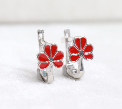 Silver huggie earring with red enamel flower
