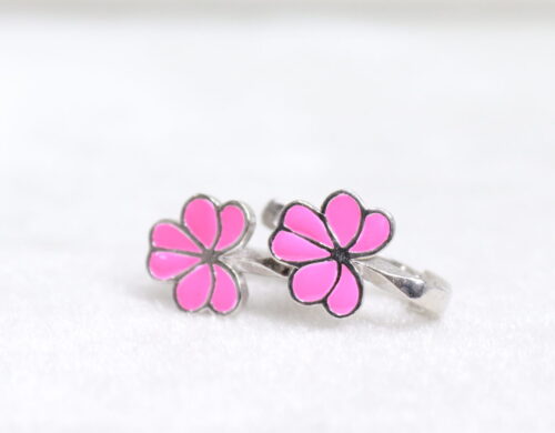 Silver huggie earrings with pink enamel flower