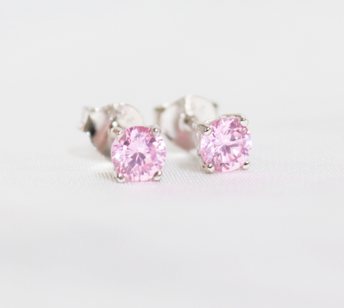 Silver cubic stud with synthetic pink stone