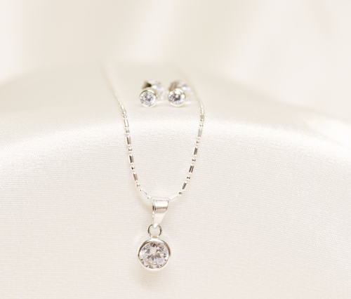 Silver Cubic Pendant, Earring and Chain set in tube setting