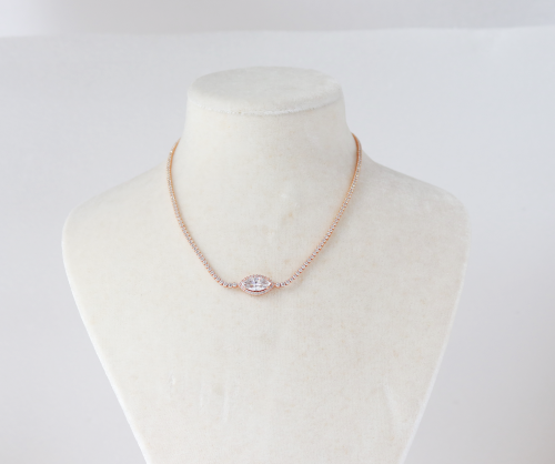 18ct rose gold tennis choker necklace with marquise cubic centre