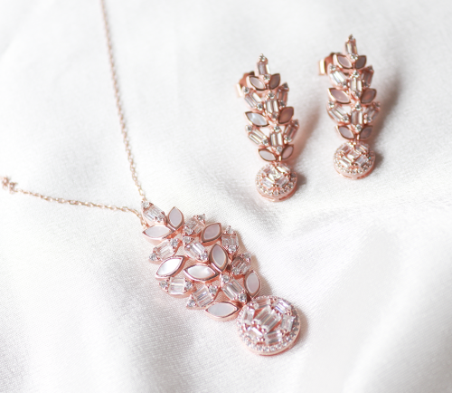 Silver pendant and earring set with rose gold white pearl stone and baguette