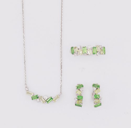 9ct white gold diamond set with 2.62ct semi precious stones (necklace, ring, earrings)