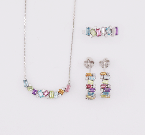 9ct white gold diamond set, 3.61ct semi precious stone (Necklace, ring, earrings)