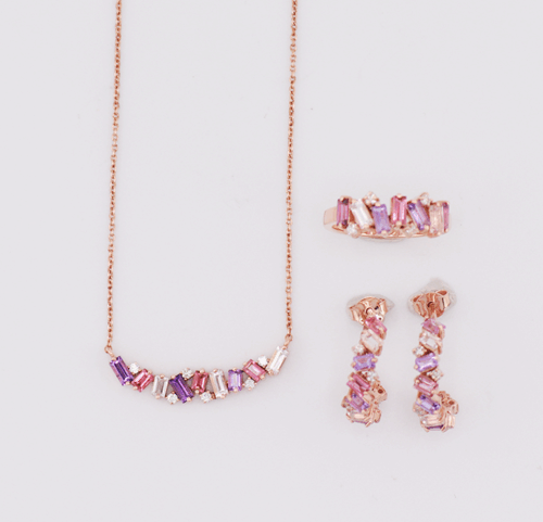 9ct rose gold diamond set, 3.91ct semi precious stones (necklace, earring, ring)