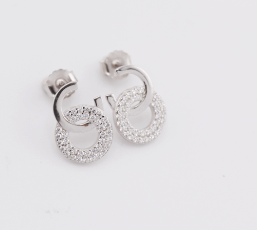 Silver drop earring in double circle style with cubics