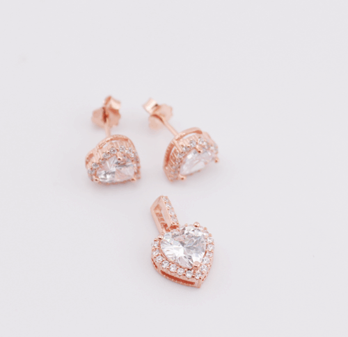 Silver heart pendant and earring set with rosegold plating and cubics