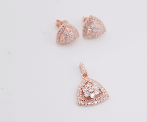 Silver rose plated pendant and earring set triangular style