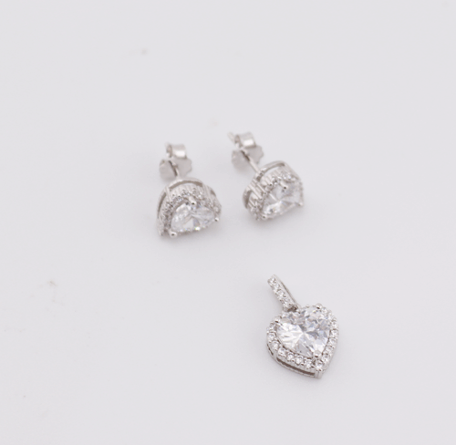 Silver Heart pendant and earring set with cubics