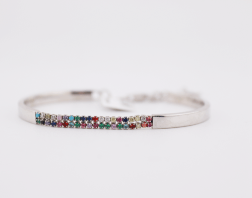 Silver bangle bracelet with double row colour stones
