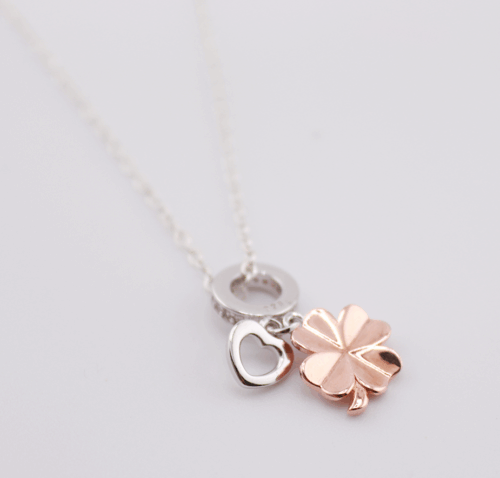 Silver 925 pendant and chain with rose gold flower and cubics