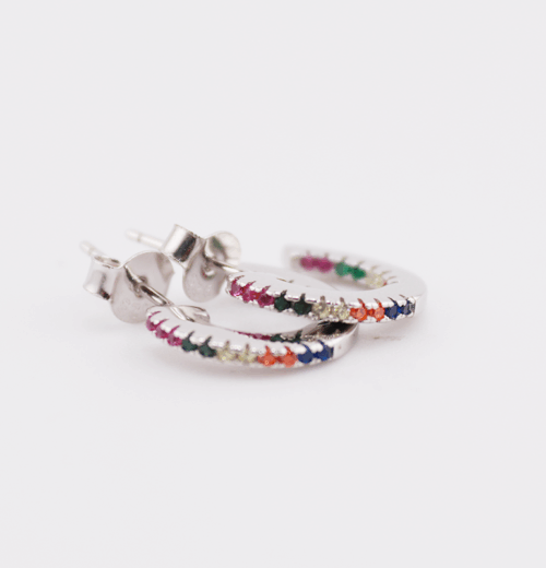Silver hoop earring with colour stone cubics