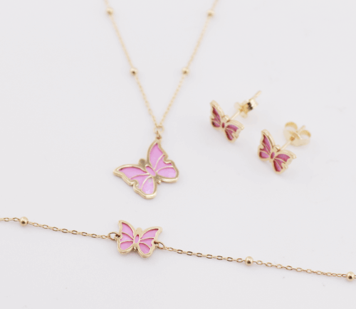 18ct yellow gold necklace, bracelet and earring set with butterfly charm