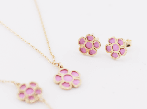 18ct yellow gold fancy flower necklace bracelet and earring set