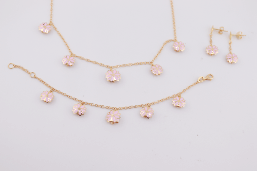 18ct yellow gold fancy pink flower necklace, bracelet and earring set