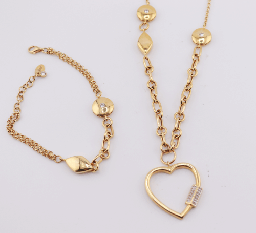 18ct yellow gold fancy chain and bracelet set with charms and cubics
